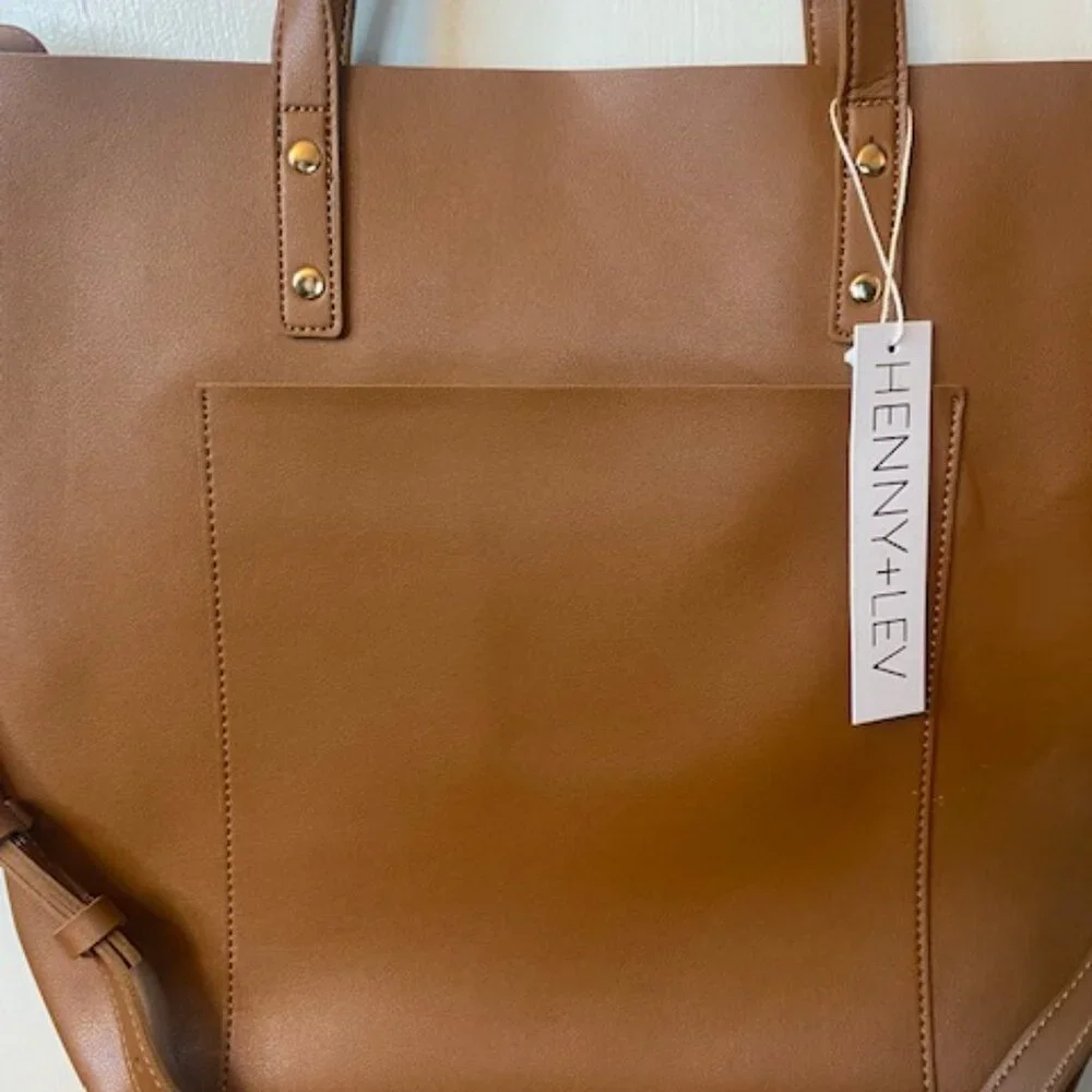 HENNY + LEV Cognac Brown Vegan Leather Everyday Tote Purse Bag Crossbody
